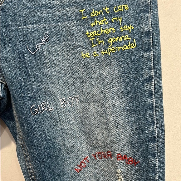Supertrash embroidered Y2K message Blue Skinny Jeans women’s 30 nwot - Picture 2 of 7